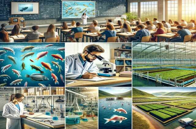 A collage showcasing diverse educational activities within aquaculture, including classroom lectures with students engaged in