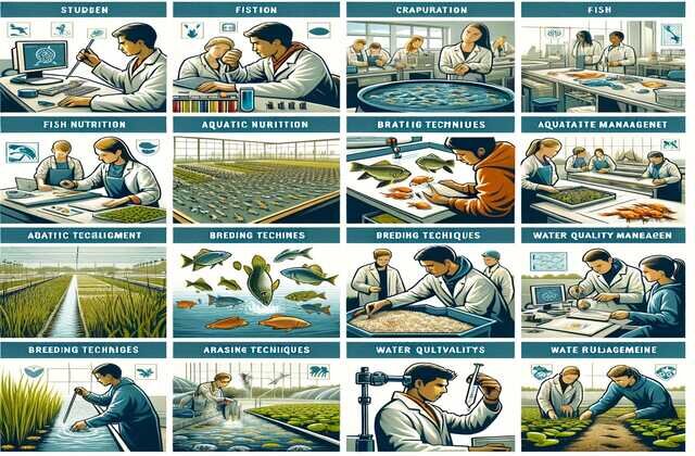 A series of icons or thumbnails representing various aquaculture courses, accompanied by images that capture students engagin